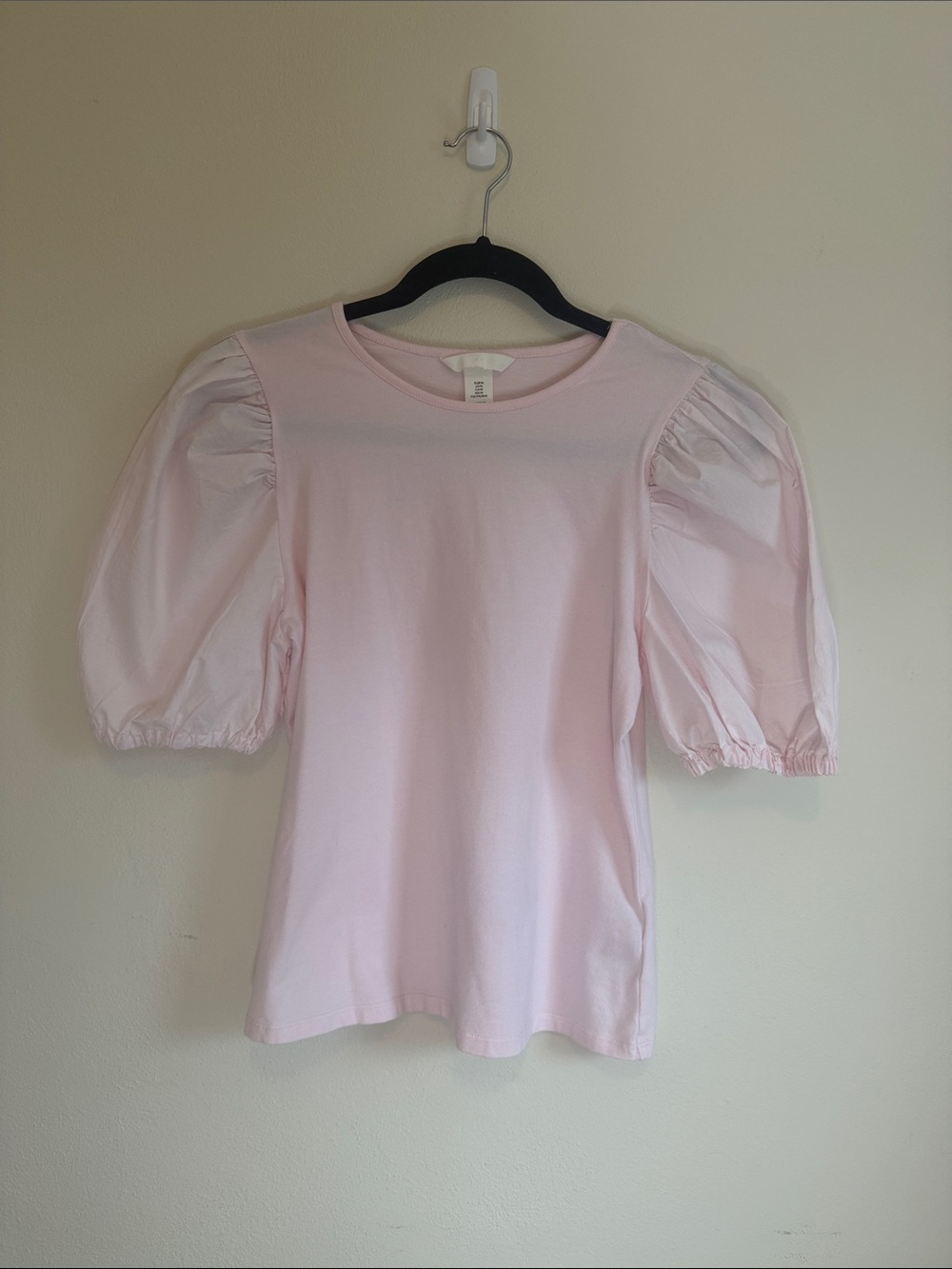 H&M Puff Sleeve Crewneck Tee in Pale Pink